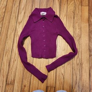 Urban Outfitters Skylar ribbed fuchsia magenta button front cardigan sweater